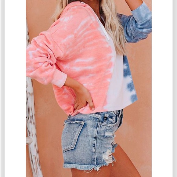 🔥THE SUN🔥Colorblock Tie Dye Crop Hoodie S/M/L/XL NWT - Picture 4 of 9